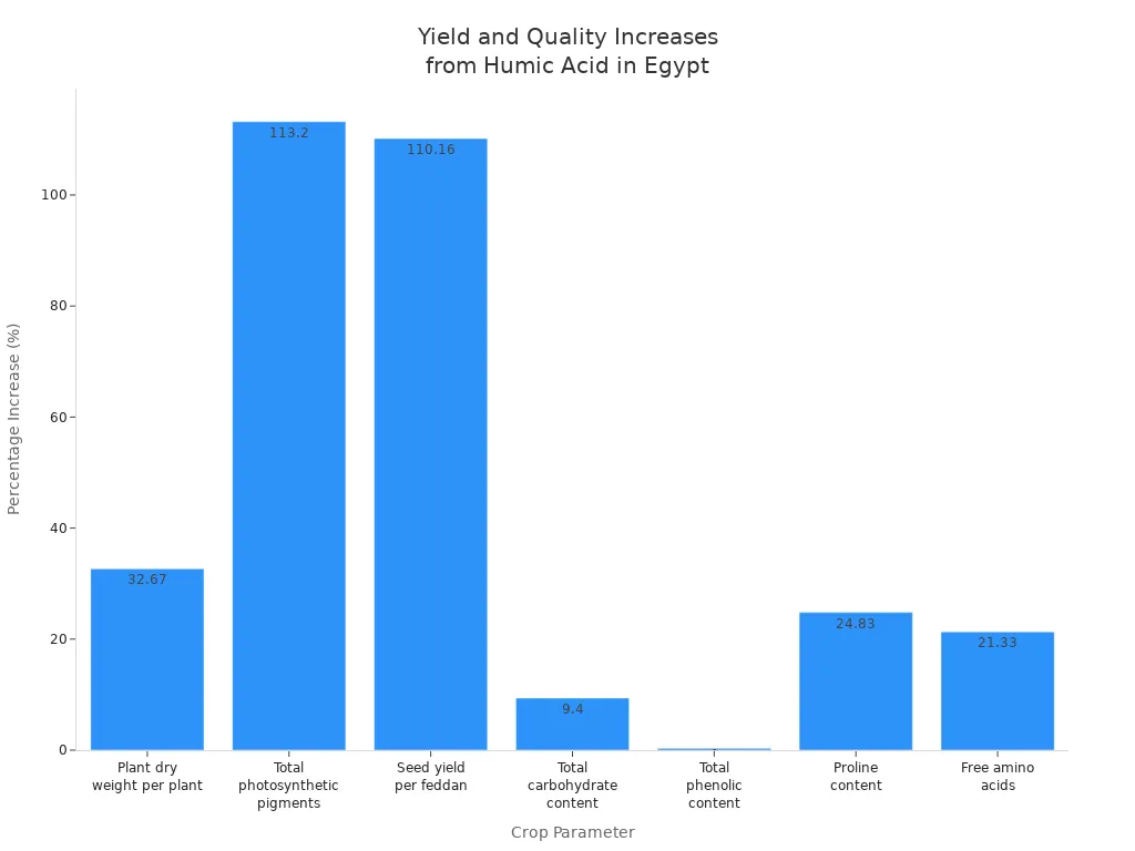 Bar chart showing percentage increases in yield and quality parameters of faba bean due to humic acid use in Egypt