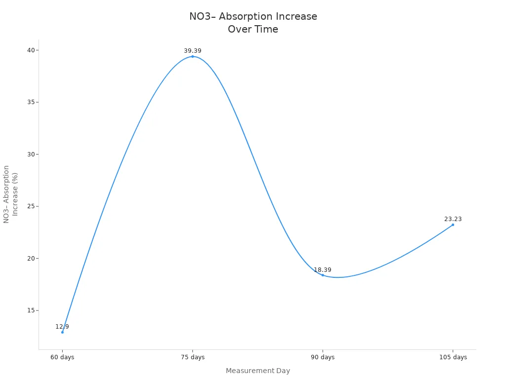 Line chart showing NO3– absorption increase percentages at 60, 75, 90, and 105 days