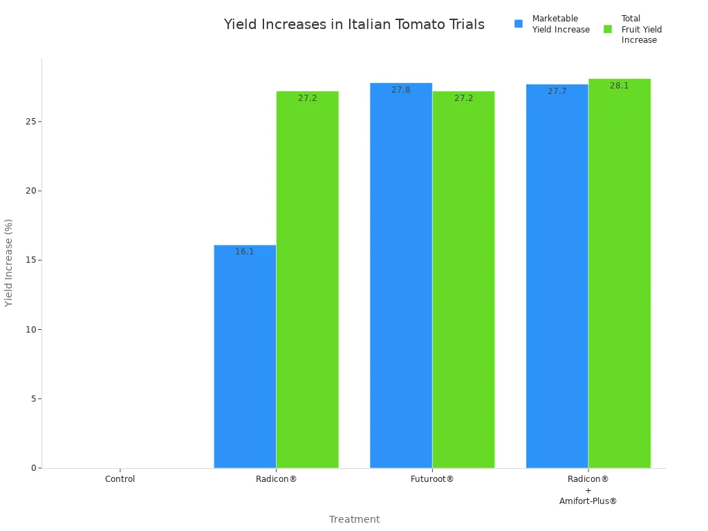 Bar chart comparing marketable and total fruit yield increases for different fulvic acid treatments in Italian tomato field studies